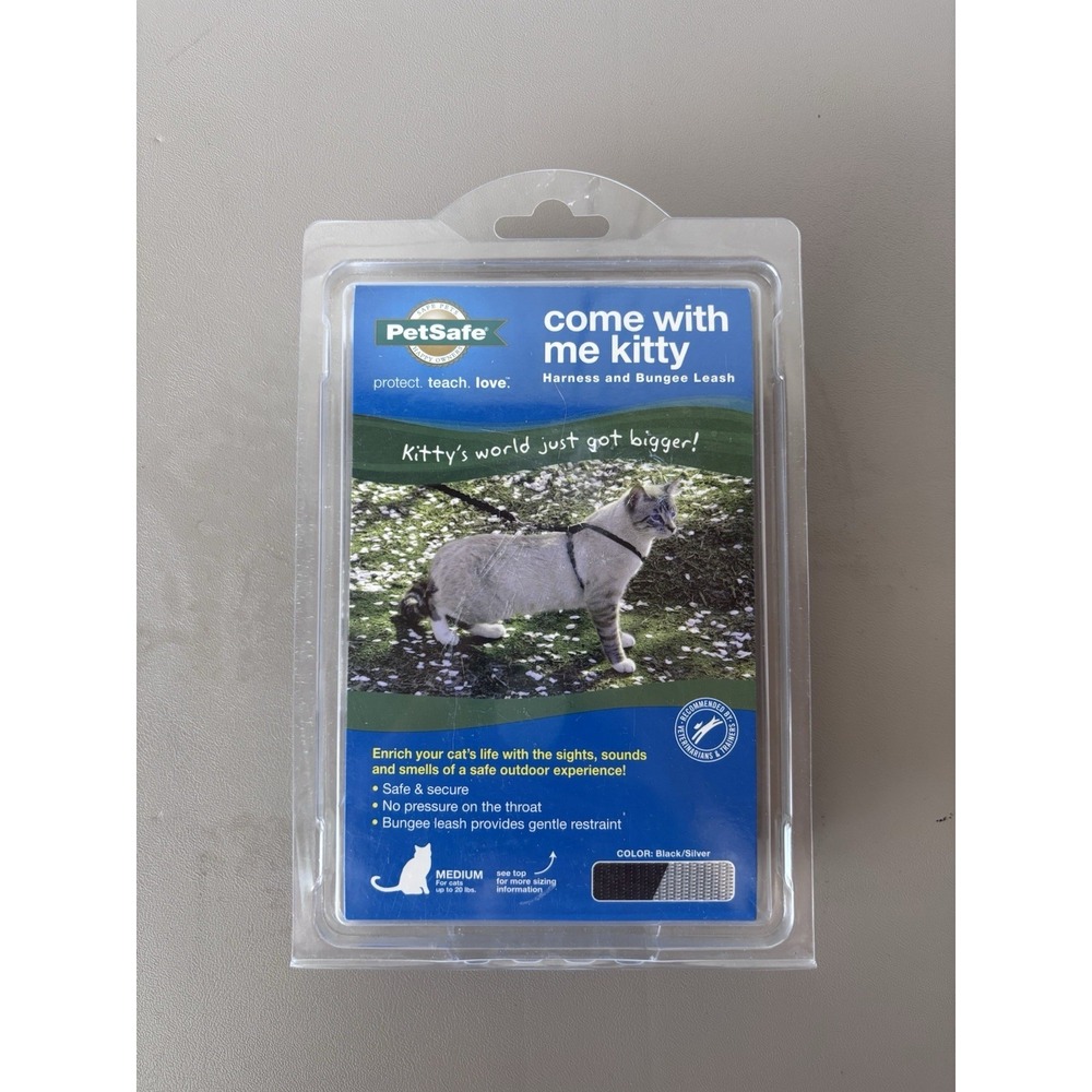 Cat Harness and Bungee Leash Black Silver Medium Pet Safe‎ Come With Me Kitty